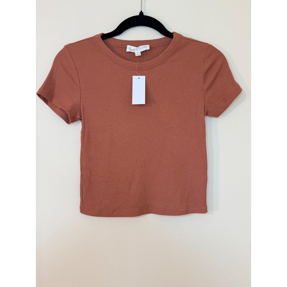 Sage + Stone Women Ribbed Short Sleeve Crew Neck Tee Rust Terracotta Small NWT